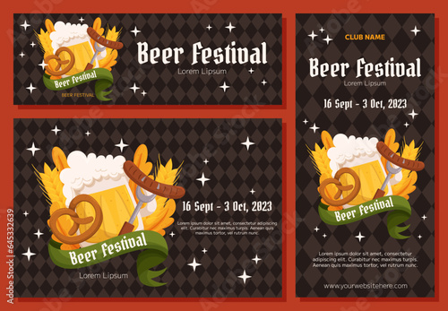 German beer festival background, vertical and horizontal banner collection. Design with glass of beer, pretzel and fork with sausage, wheat and leaves. Rhombus pattern on back