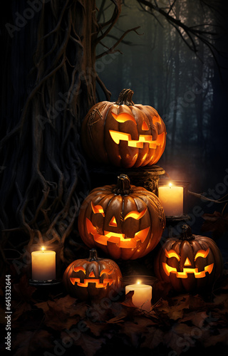 Halloween pumpkin head jack lantern with burning candles © vladdeep