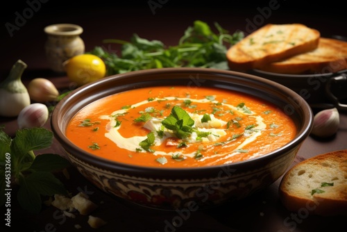 A bowl of soup with bread and garlic on the side. Fictional image. Salmorejo soup, Spanish dish.