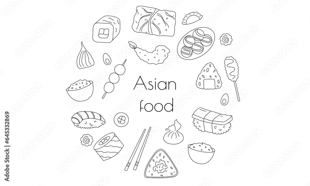 Asian  food doodle set. Traditional food and drinks - sushi, noodles, ramen, udon, yakitori. Freehand vector drawing isolated on white background. 