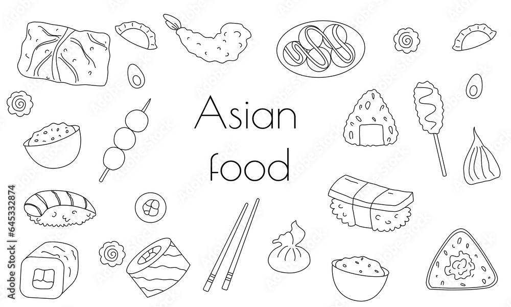 Asian food sketches. Sushi, miso soup, wok noodles. Vector set isolated on white background