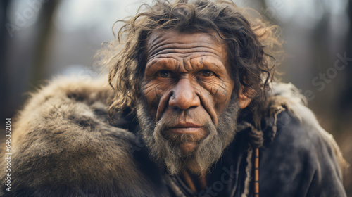 ancient neanderthal caveman wearing fur 
