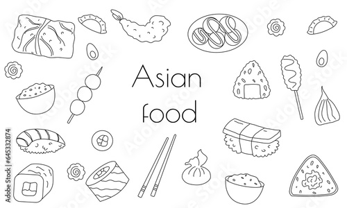 Asian food sketches. Sushi, miso soup, wok noodles. Vector set isolated on white background