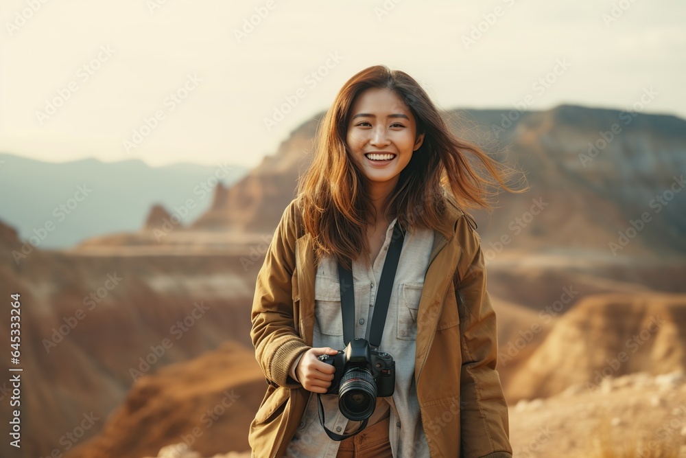 young tourist smiling and with her camera