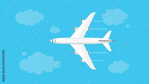 Airplane flying in the sky with clouds passing by, flat design style animation