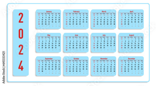 2024 year calendar on white background. Vector illustration