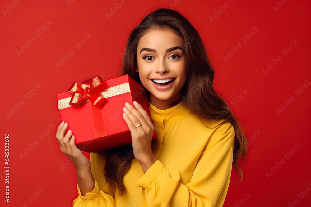happy and surprised woman with red gift box happy and surprised woman with red gift box