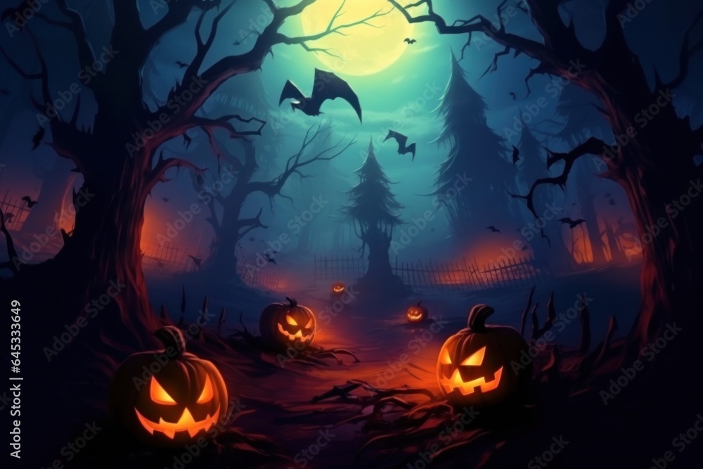 Halloween pumpkins in night on cemetery. full moon.flyers and postcards for parties
