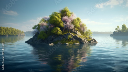 Tree on Island landscape with flowers and river. fantasy floating island with tree on the rock