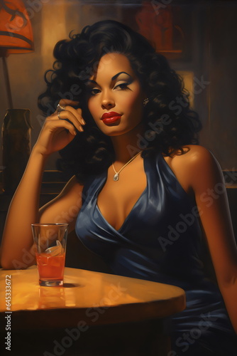 glamorous poc woman alone at bar in 1940s pin up oil painting style photo