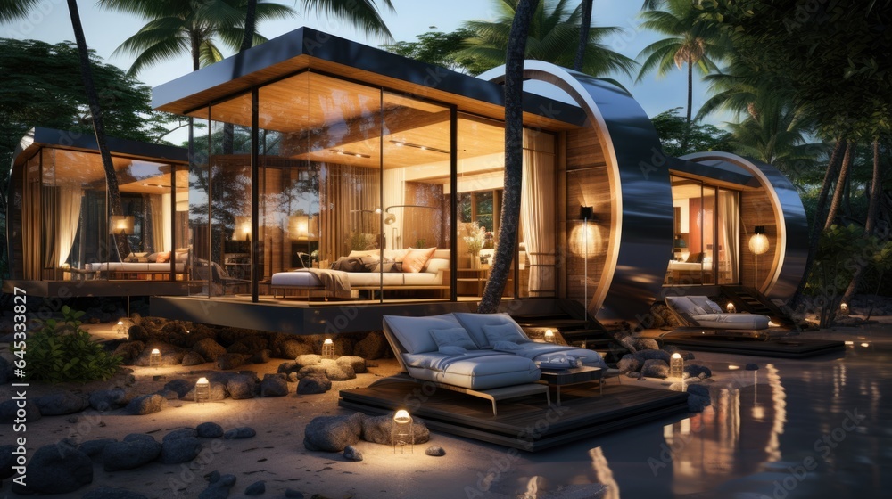 A house on a tropical island with a pool. Fictional image.