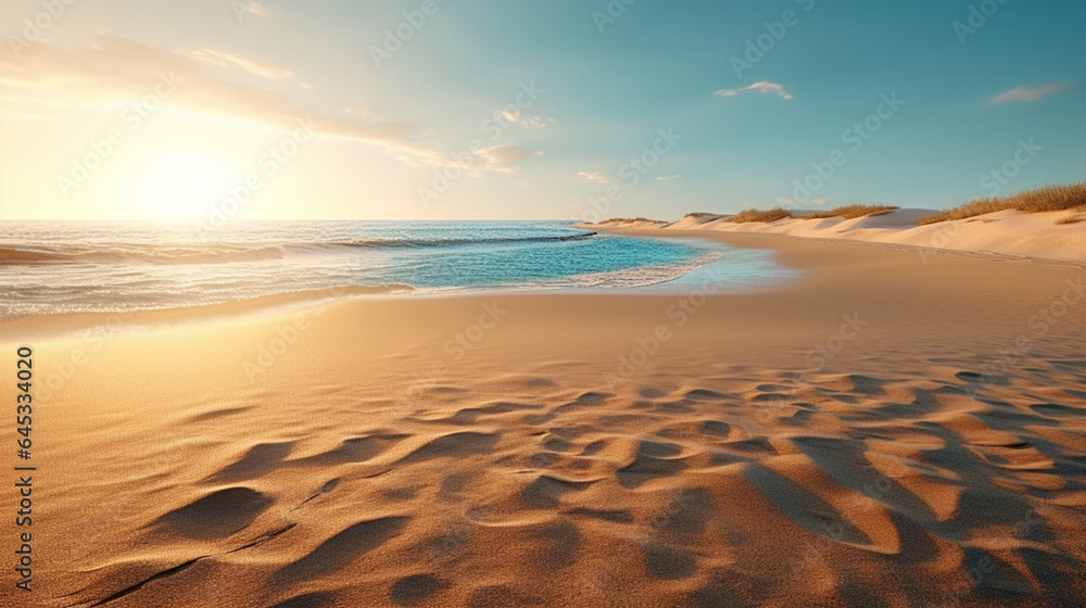 Closeup of sand on beach and blue summer sky. Panoramic beach landscape. Empty tropical beach