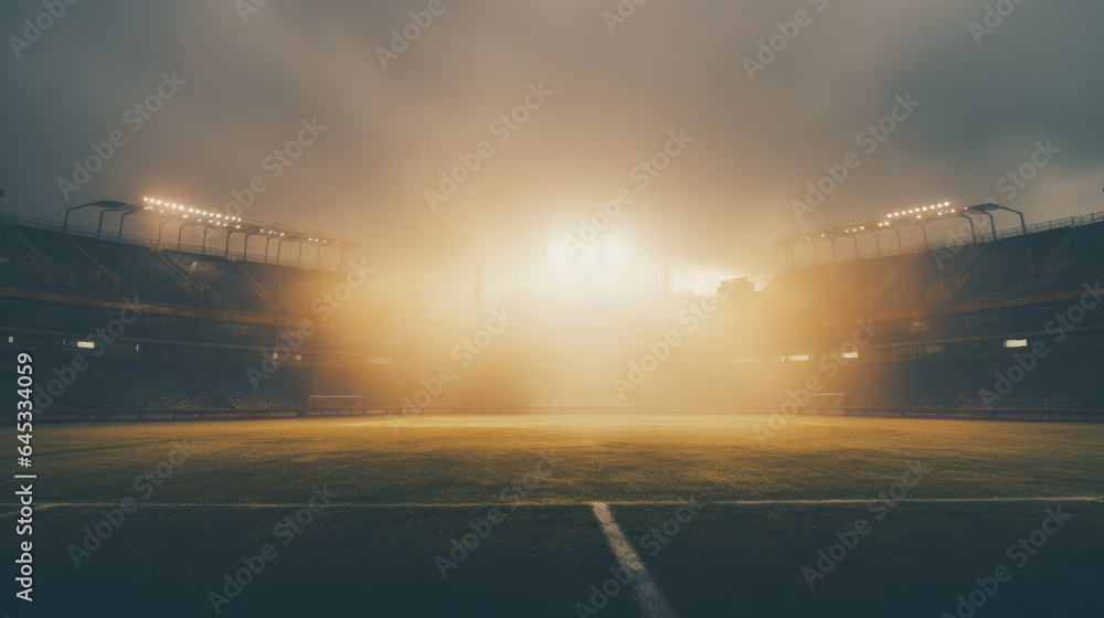 foggy stadium with a soccer court in the foreground after an epic match, intense lens flare, cinematic atmosphere, wallpaper, AI - obrazy, fototapety, plakaty 