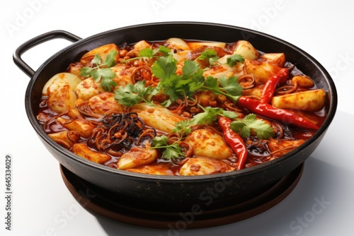A pan filled with food on top of a stove. Fictional image. Sichuan hotpot dish.