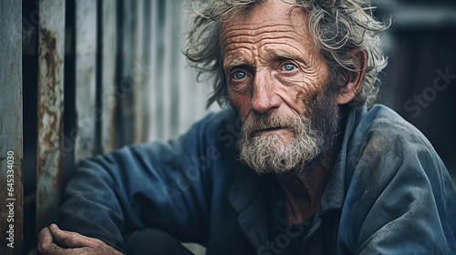 A homeless elderly man sitting by a fence looks into the camera with an expression of deep sadness