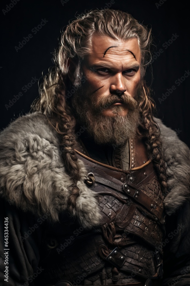 Close up scandinavian man, long gray hair beard model, old sailing boat