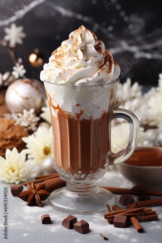 A cup of coffee with whipped cream and chocolate. Fictional image.