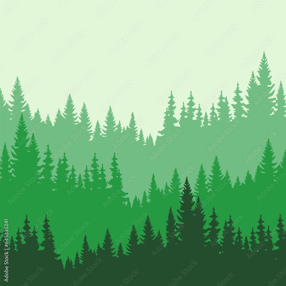 Green pine trees forest. Evergreens firs woodsy landscape. Flat design nature texture.