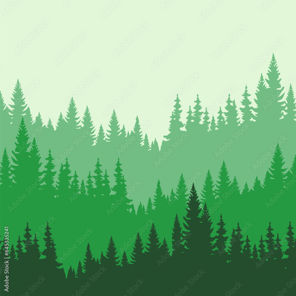 Obraz premium Green pine trees forest. Evergreens firs woodsy landscape. Flat design nature texture.