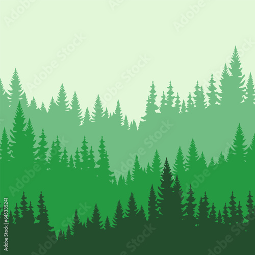 Green pine trees forest. Evergreens firs woodsy landscape. Flat design nature texture. © Olga