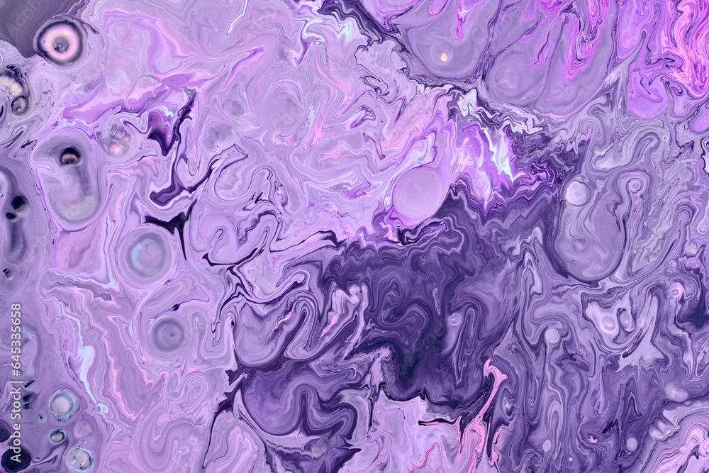 Exclusive beautiful pattern, abstract fluid art background. Flow of blending purple lilac paints mixing together. Blots and streaks of ink texture for print and design