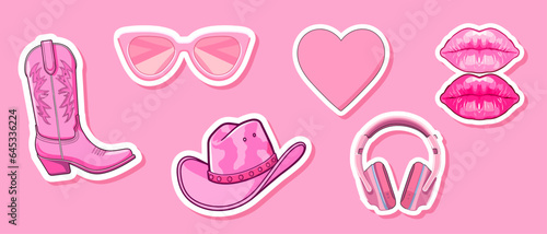 Foto Set Female pink cowboy hat isolated illustration girl wears hat boots