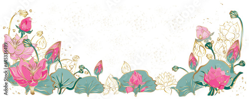 Golden botany banner.Japanese style  Hand drawn vector . Line art style design. Concept traditional Asian holiday card.