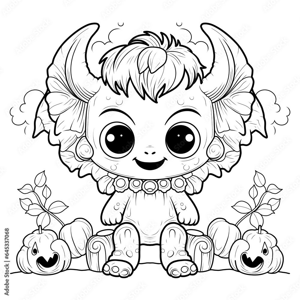 illustration, line drawing of cute monster, childish, coloring illustration, line drawing of cute monster, childish, coloring
