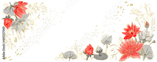 Golden botany banner.Japanese style  Hand drawn vector . Line art style design. Concept traditional Asian holiday card.