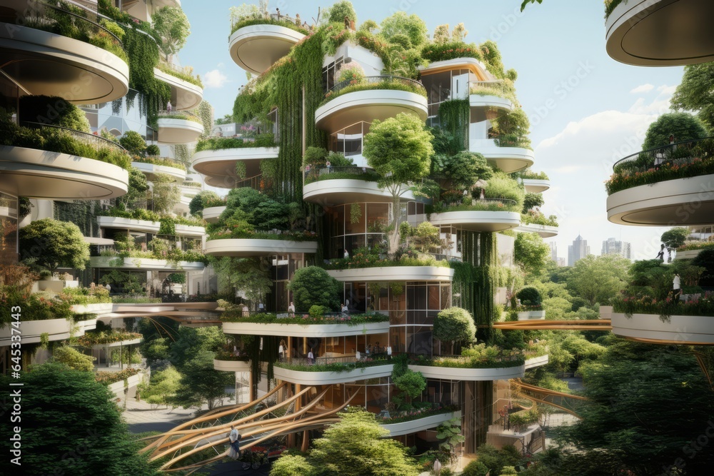 The city of the future with green gardens on the balcony