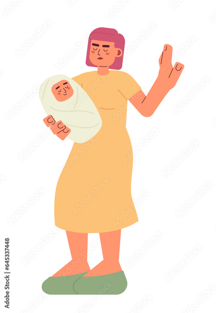 Woman stop gesture semi flat color vector character. Asian mother holding baby. Editable full body person on white. Simple cartoon spot illustration for web graphic design