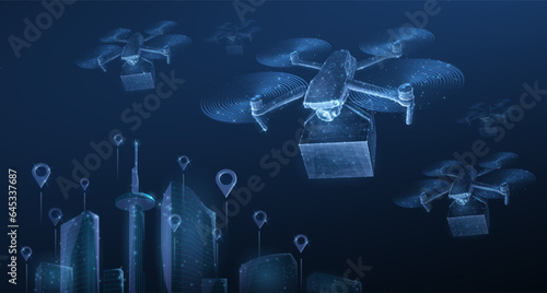 Drone. Low pole 3D drone on cityscape with pins. Futuristic box delivery, aerial technology