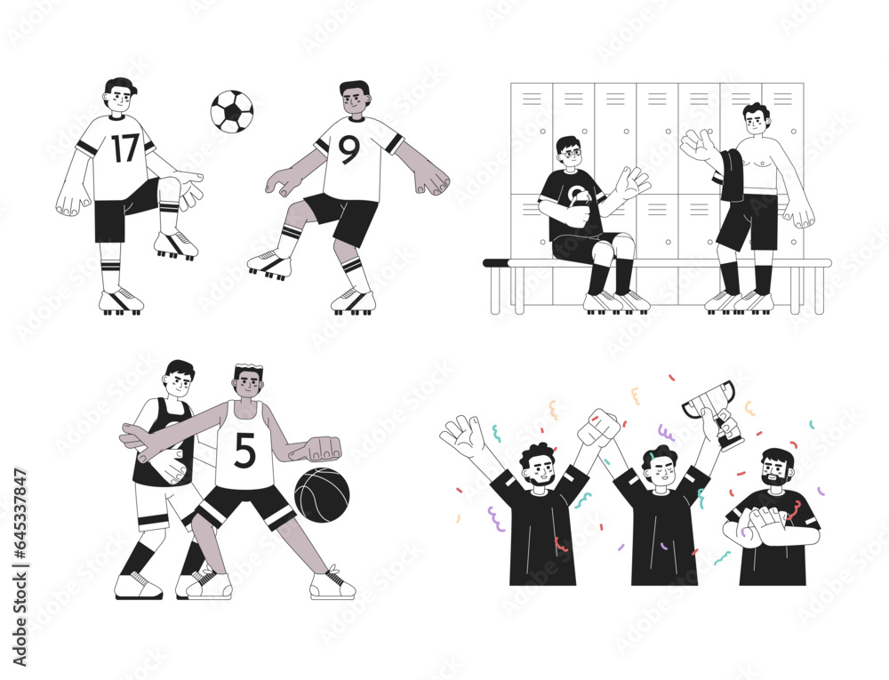 Team sport monochrome concept vector spot illustrations set. Playing football, basketball. Winning 2D flat bw cartoon characters for web UI design. Isolated editable hand drawn hero image collection Team sport monochrome concept vector spot illustrations set. Playing football, basketball. Winning 2D flat bw cartoon characters for web UI design. Isolated editable hand drawn hero image collection