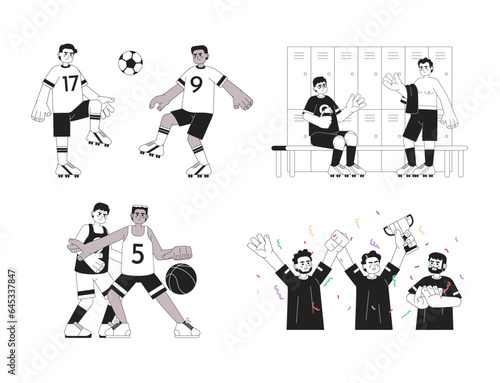 Team sport monochrome concept vector spot illustrations set. Playing football, basketball. Winning 2D flat bw cartoon characters for web UI design. Isolated editable hand drawn hero image collection