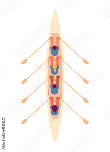 Team kayaking sport flat concept vector spot illustration. People rowing in wooden boat top view. Competition 2D cartoon characters on white for web UI design. Isolated editable creative hero image
