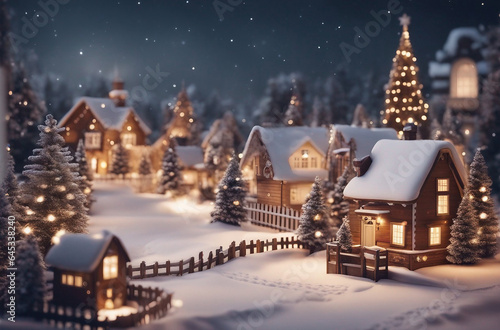 Christmas village with Snow in vintage style Winter Village Landscape. Christmas Holidays