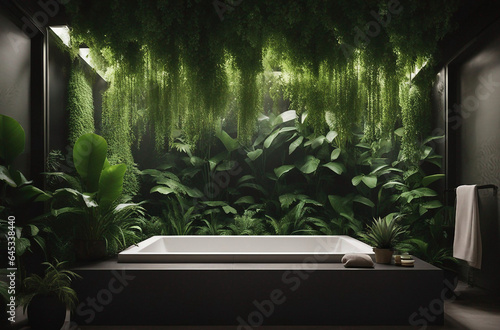 Luxury outdoor bathroom in tropical jungle with dark theme, green plants Bright bathroom