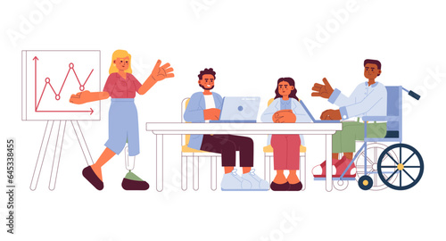 Diversity people business cartoon flat illustration. Speaker woman with prosthetic leg, wheelchair colleague 2D characters isolated on white background. Office meeting scene vector color image