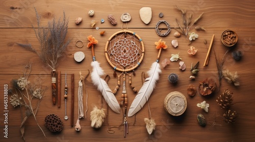 Dreamcatcher on a wooden background, flat lay, ai generative photo