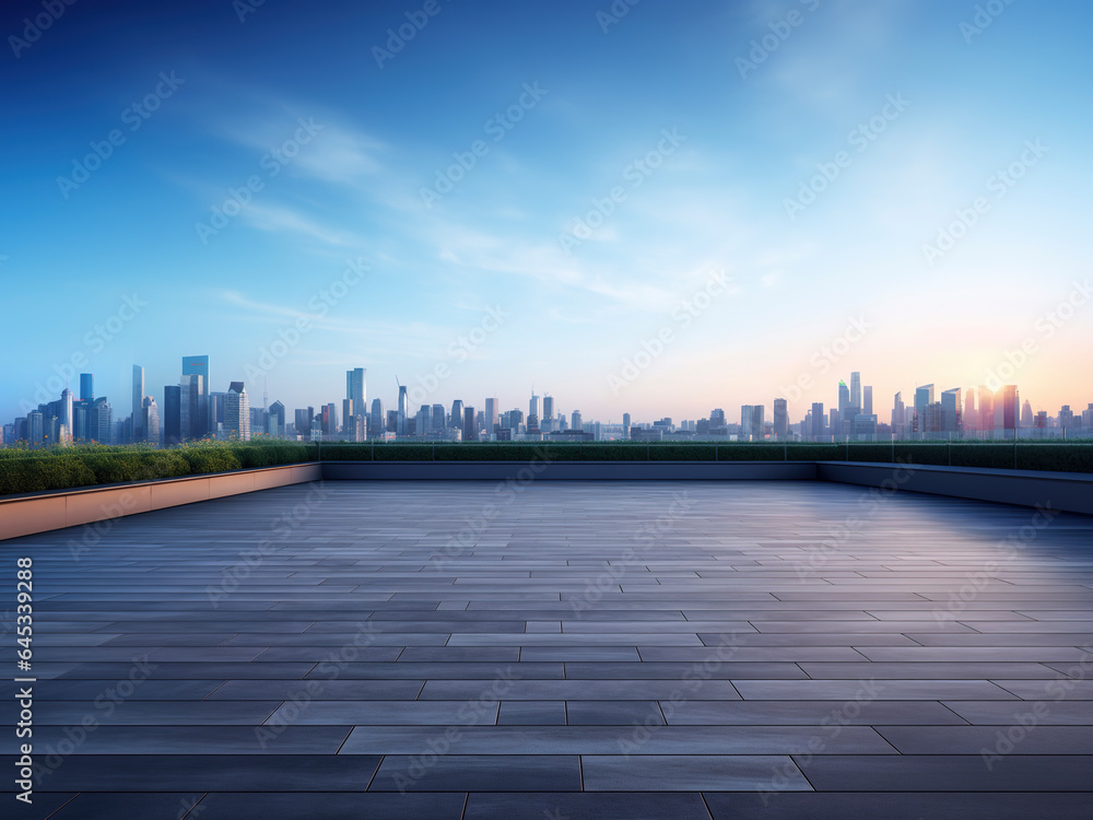 Perspective view of empty floor with cityscape scene