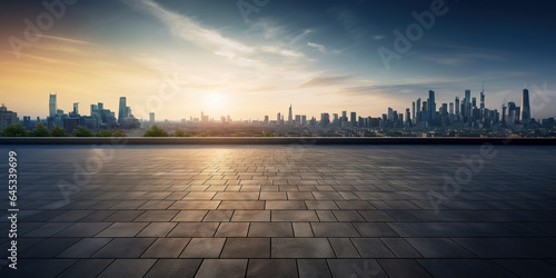 Print op canvas Perspective view of empty floor and modern rooftop building with cityscape scene