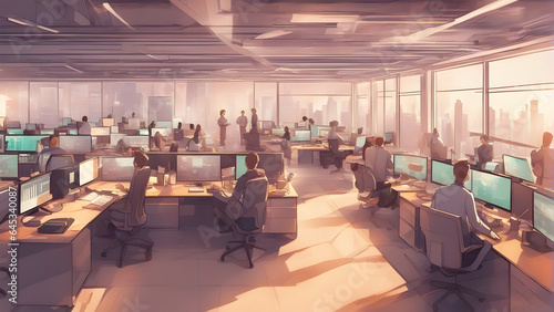 A panoramic view of a bustling tech startup office, showcasing the dynamic synergy of creative minds at work. Generative AI