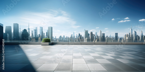 Perspective view of empty floor and modern rooftop building with cityscape scene