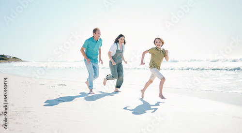Running, travel and energy with family on beach for happy, freedom and summer vacation. Love, relax and adventure with people playing on seaside holiday for health, bonding and games together