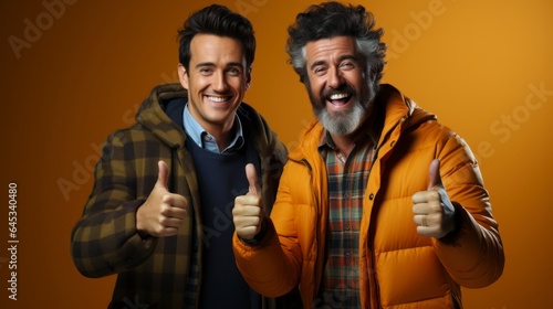 A man in an orange jacket shows a thumb-up to a man in a checkered shirt  who smiles at the camera while standing next to his friend.