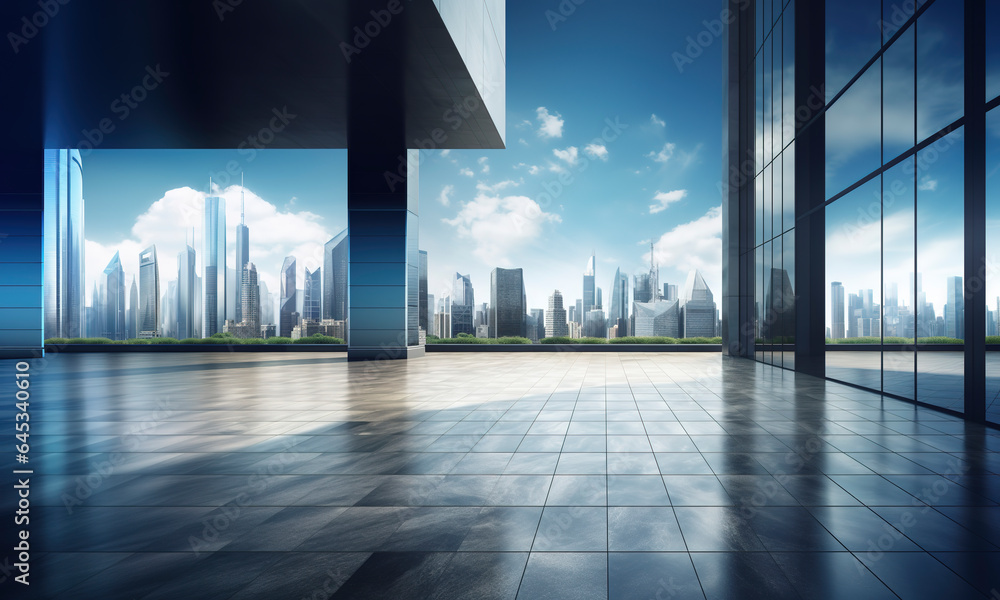 Perspective view of empty floor and modern rooftop building with cityscape scene Perspective view of empty floor and modern rooftop building with cityscape scene