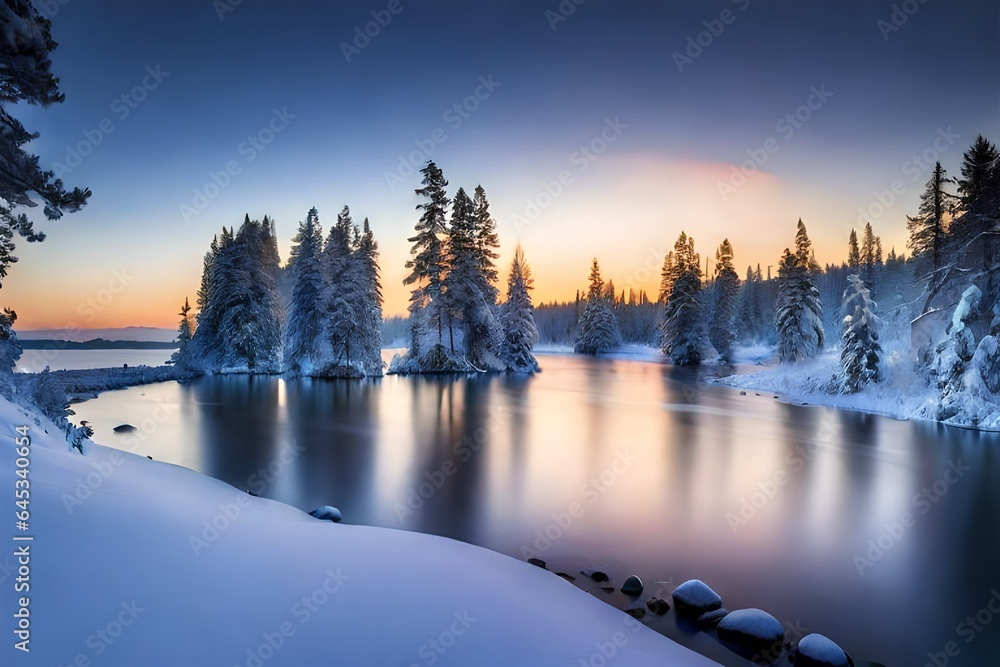 beautiful lake landscape with tree and road covered with ice 