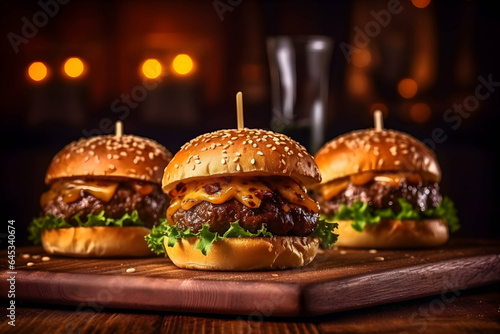 three mini burgers with beef on a wooden board on bokeh background. fast food. menu. 