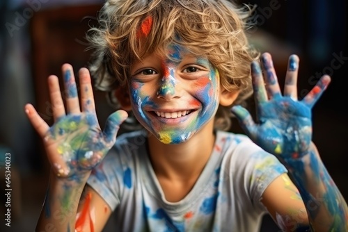 Portrait of a boy with a painted face and dirty hands. Colors play concept ai generative