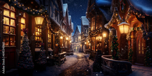 Snowy fairytale street in a medieval old european town in winter, Christmas decor with Christmas trees and vintage lights at night © Delphotostock